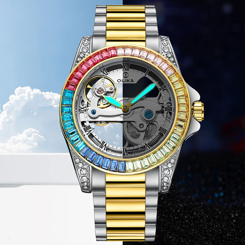 Stylish Automatic Mechanical Watch with Skeleton Design and Steel Band for Men and Women