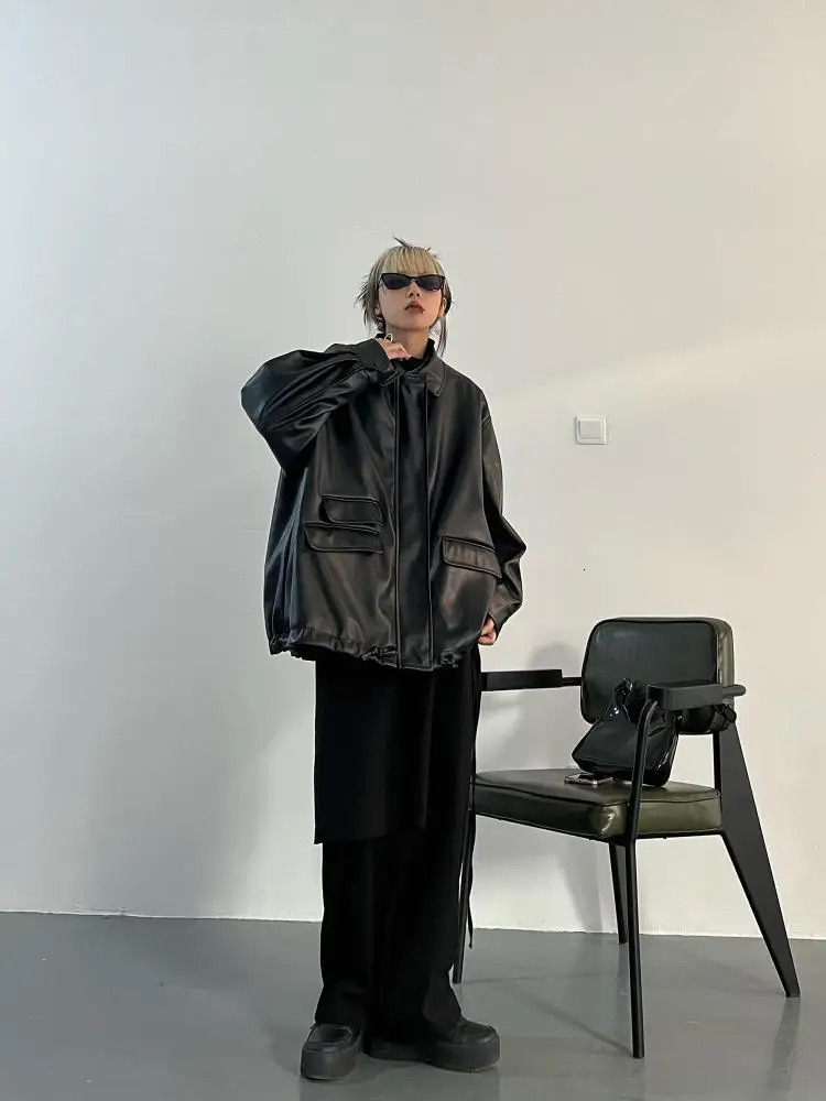 Tawaaiw Streetwear Black PU Leather Coats And Jacket Pocket Long Sleeve Y2K Gothic Autumn Spring Ladies Jackets Outerwear 250103