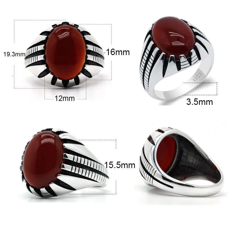 925 Sterling Silver Men Ring Prong Setting Natural Red Agate Stone Retro Punk Thai Silver Ring for Man Women Silver Fine Jewelry 250106
