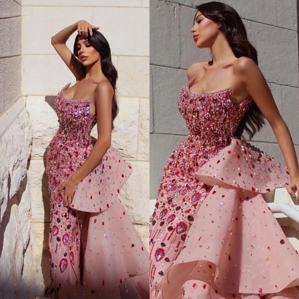 Exquisite Mermaid Evening Dresses For Women Strapless Sleeveless Gown Crystal Sequins Beaded Sweep Train Customized Dress Party