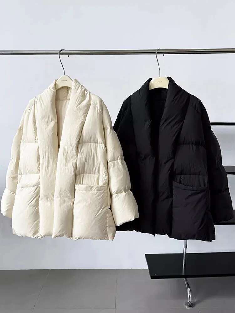 Lagabogy 2024 Winter Belt Waist-Tight Elegant Warm 90% White Duck Down Jacket Female Long Sleeve Solid Color V-Neck Puffer Coat