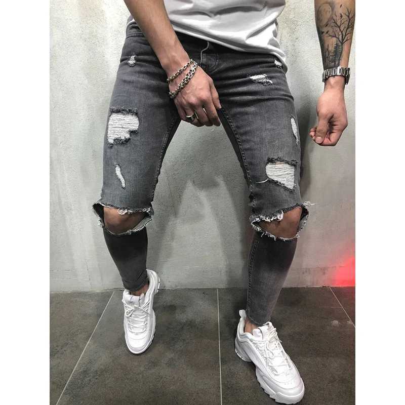 Fashion Punk Street Skinny Jeans Men Vintage Wash Solid Denim Trouser Mens Casual Slim Fit Pencil Denim Holes out Pants 2025 New M250610