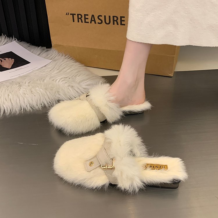 Women Slippers Winter Warm Flat Bottom New Fashion Square Toe Versatile Triple Black Beige Khaki Free shipping