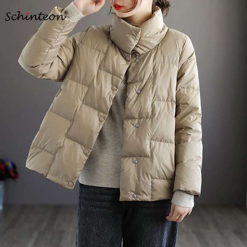 Schinteon Women Light Down Jacket Simple Casual Solid Color Stand Collar Short Outwear Autumn Coat Female New 2023 Fashion