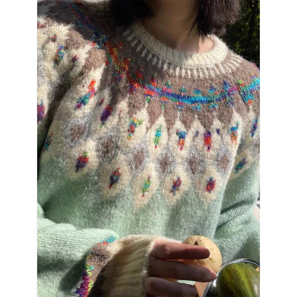 Vintage Fair Isle Jacquard Sweater For Women Argyle Aesthetic Knitted Pullover Crop Top Sweet Girls Winter Clothes Loose