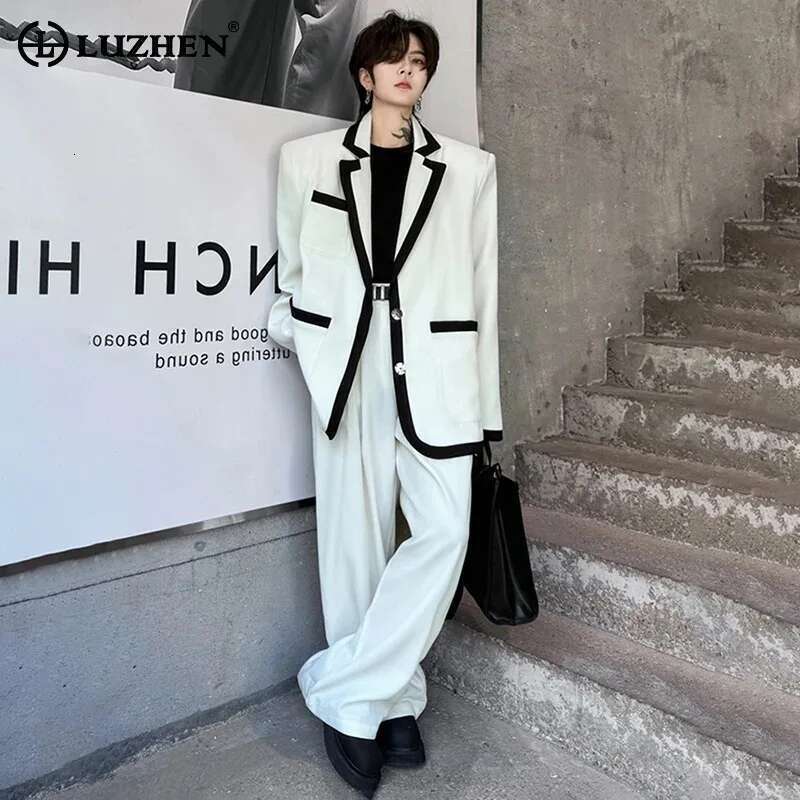 Patchwork Color Contrast Design Korean Suit Jackets Two-Piece Sets Elegant Trendy Handsome Straight Pants