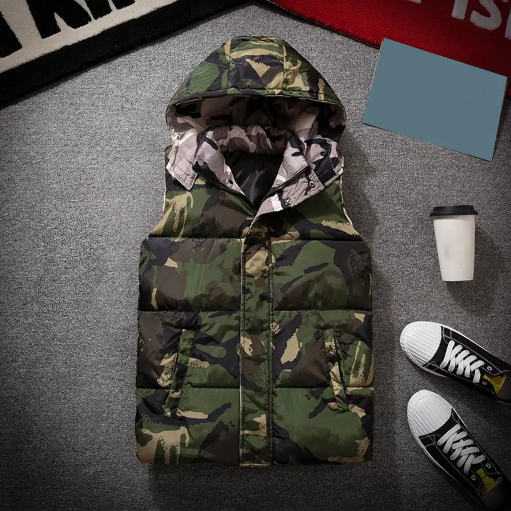 Winter Men Waistcoat Camouflage Thickened Cotton Padded Windproof Zipper Hooded Vest Coat for Daily Wear 250107