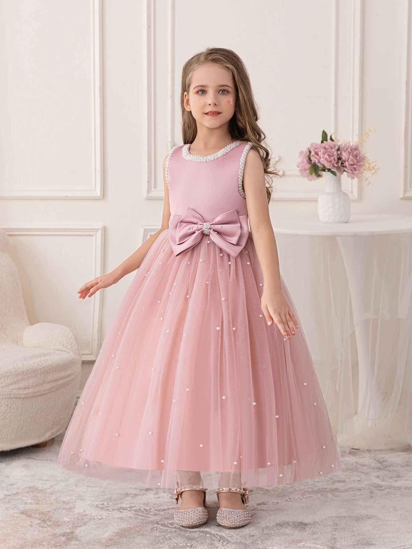 Teen Girls Pink Dress for The Birthday Par A Long Shaggy Gauze Skirt DressXJ250108