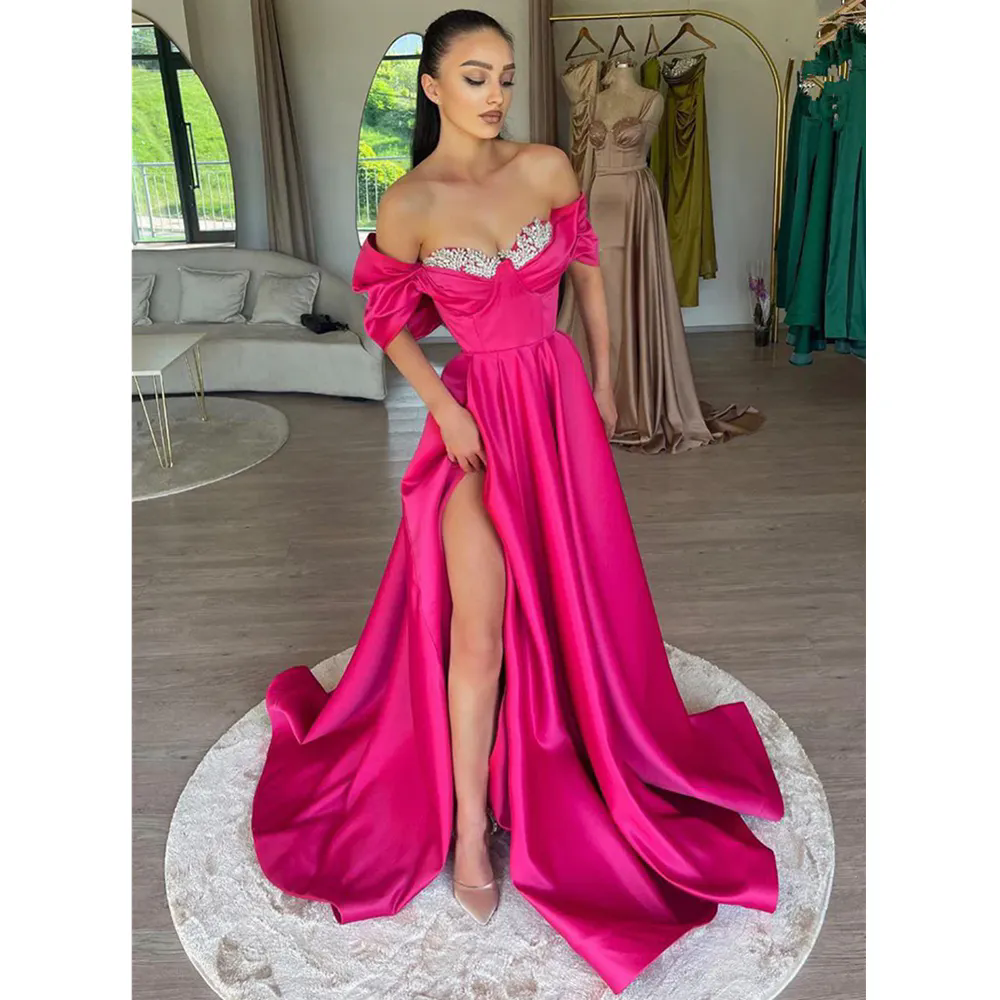 Fuchsia A Line Evening Dresses Sexy Off The Shoulder Beading Formal Party Prom Gowns High Split Vintage Prom Dress Plus Size