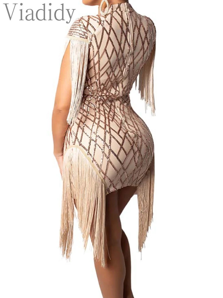 Women Fashion Elegant Sequins Tassels Mini Bodycon Party Dress 250109