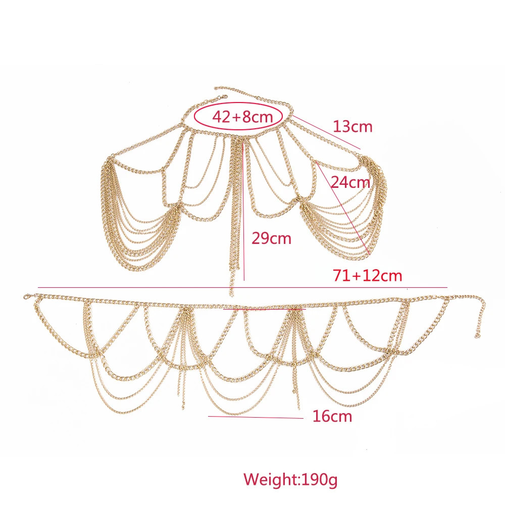 Fashion Jewelry Accessories ChestWaist Chain Set Heavy Metal Multilayer Tassel Gold Color Body Chain Necklace For Women 250107