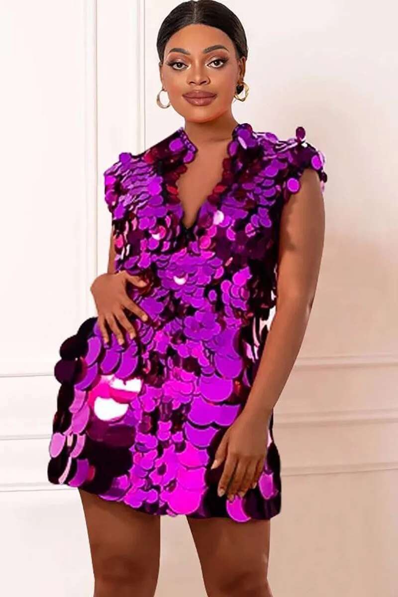 Plus Size Sier Party Sleeveless Mirror Sequin Mock Neck Mini Dresses