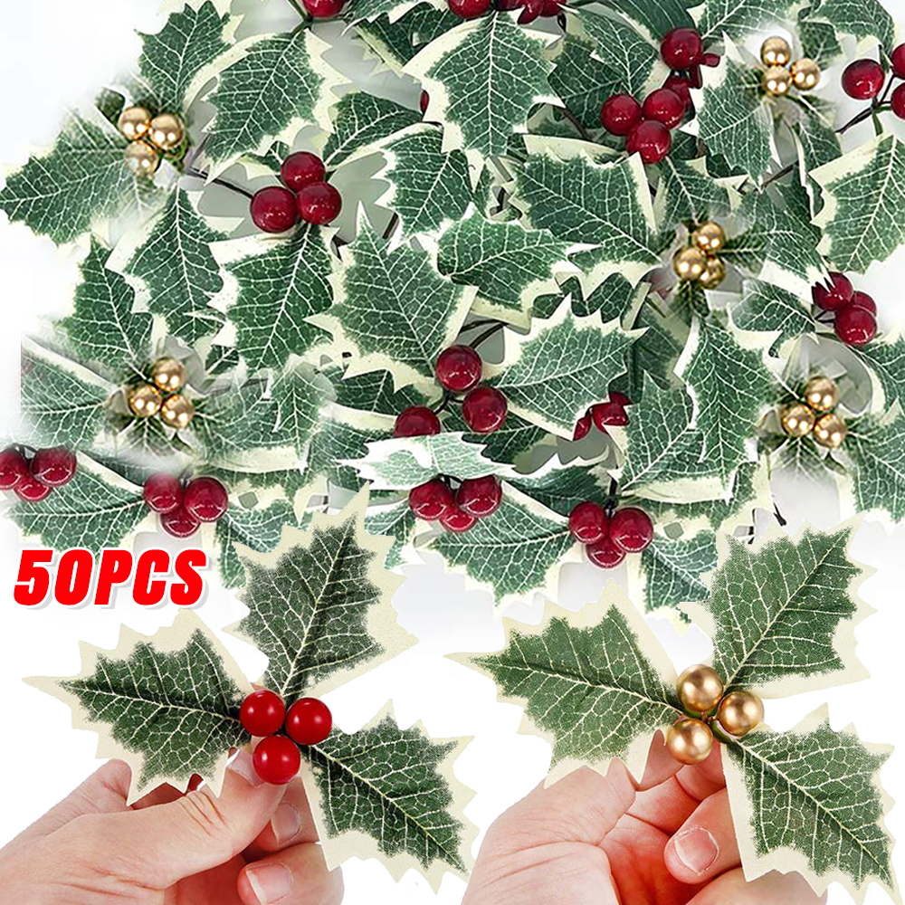 50/5Pcs Christmas Holly Leaves Artificial Red Berries Flower DIY Christmas Wreath Ornaments For Home Xmas New Year Decorations