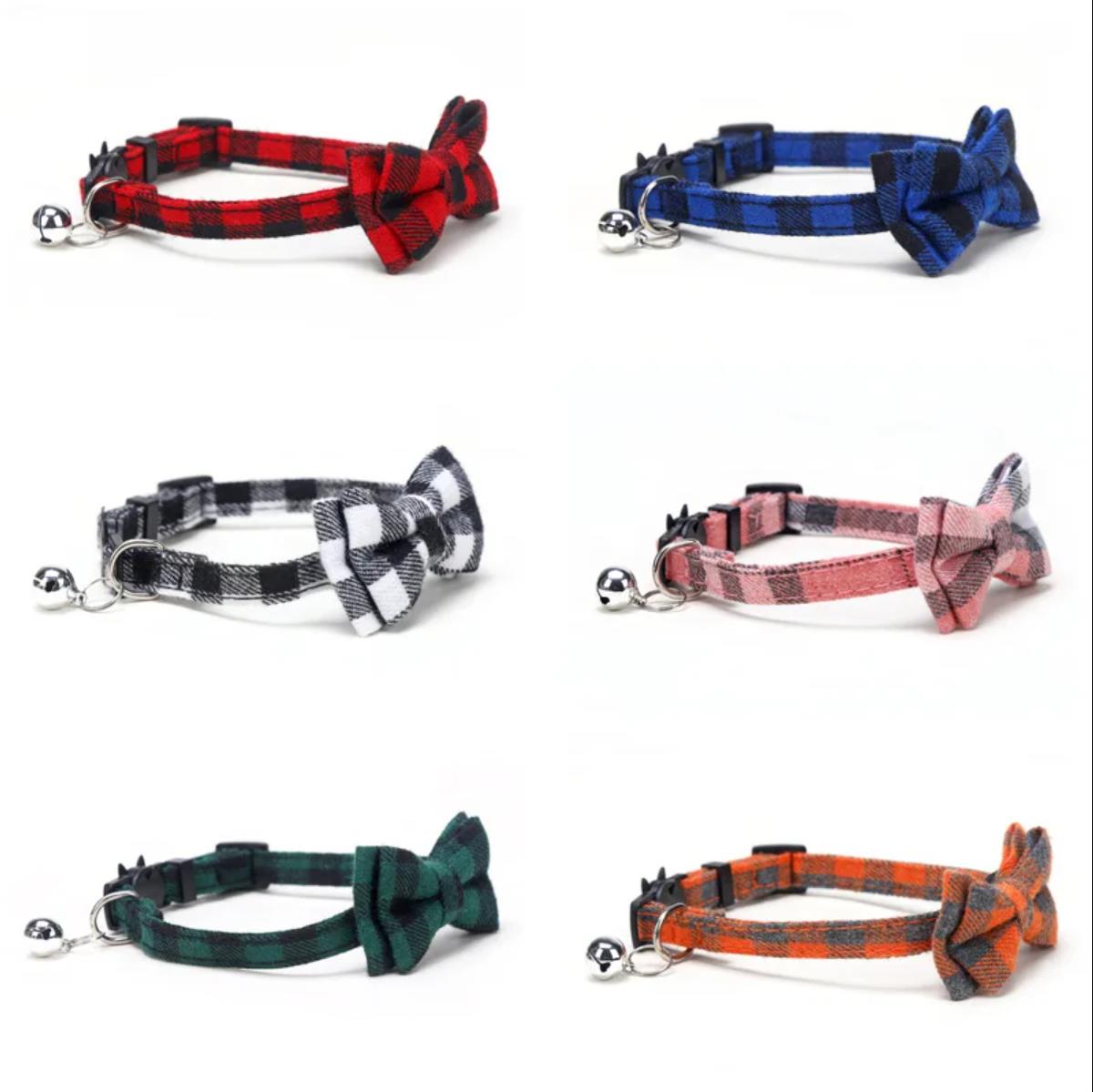 Pet Breakaway Cat Collar Bow Tie and Bell Cute Plaid Christmas Red Elastic Adjustable Dog Collar With Sash Small Bell For Cats