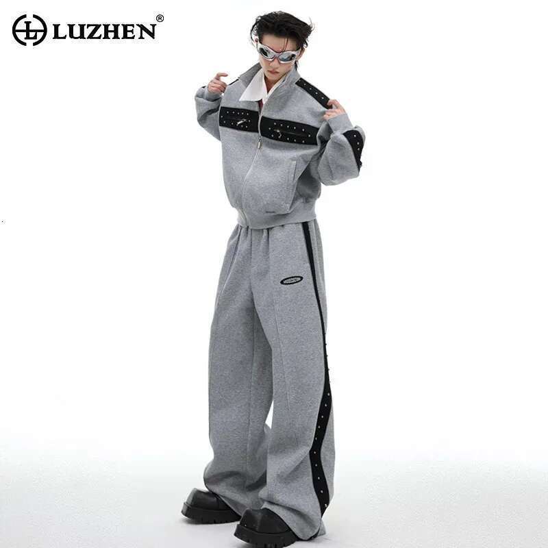 Autumn Winter Metal Rivet Color Contrast Patchwork Sweatshirts Niche Design Casual Men's Straight Sport Pants