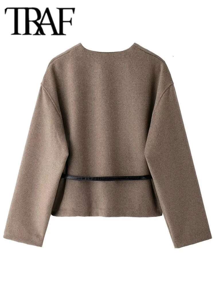 TRAF Elegant Street Jacket 2024 Fashion Comfortable Short Jackets For Women Belt Casual Coat Long Sleeve New Outerwears