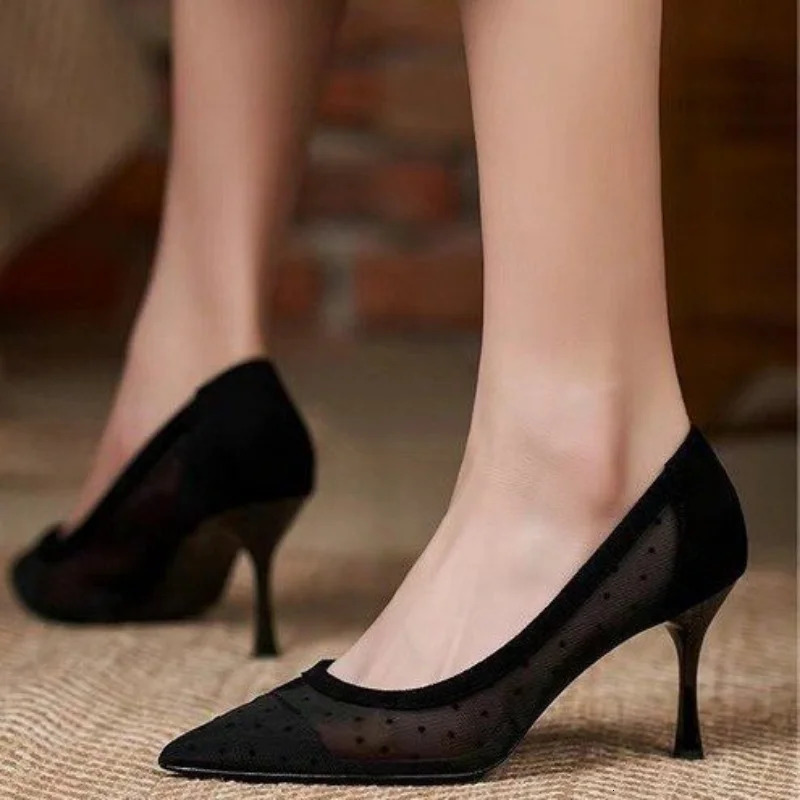 Womens Shoes Fashion Lace Mesh Breathable Lightweight Comfort Thin High Heel Sandals Shoes for Women Zapatos De Mujer 250106