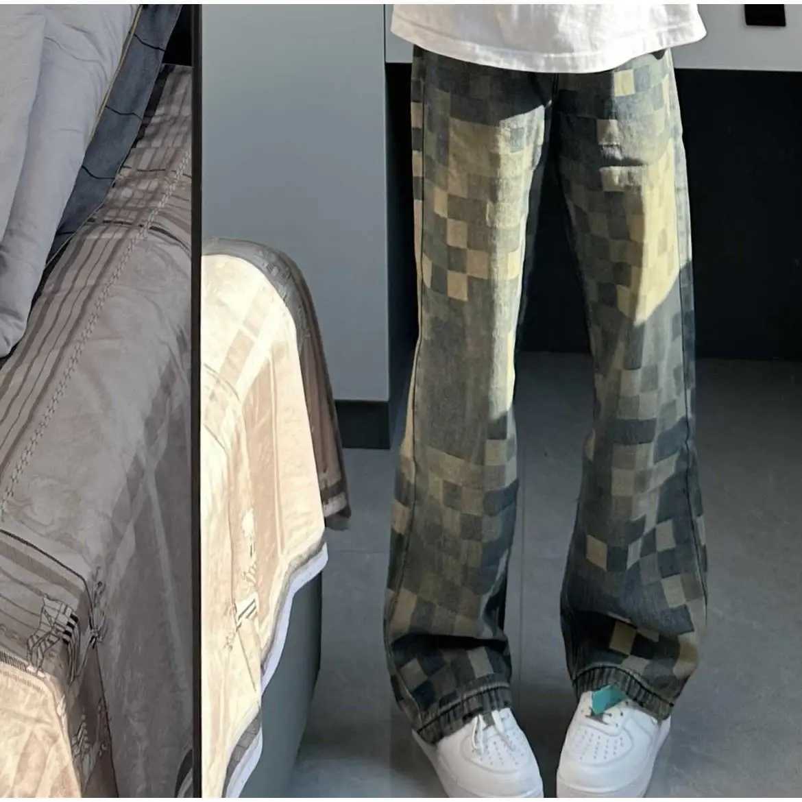 2025S Fashion Designer High Quality American Washed Retro Checkered Jeans For Couples Hip Hop Trend Straight Leg Personalized Loose Micro Striped Men 