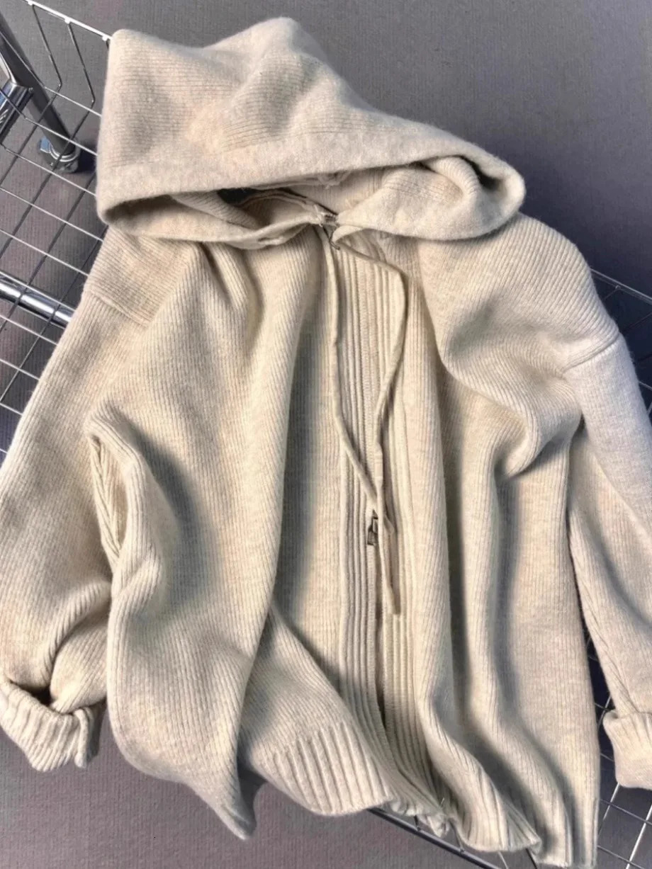 Gray Hooded Sweater Coat Women Spring Autumn Double Zipper Long Sleeve Loose Knitted Cardigans Simple All-matched Hoodies 250106