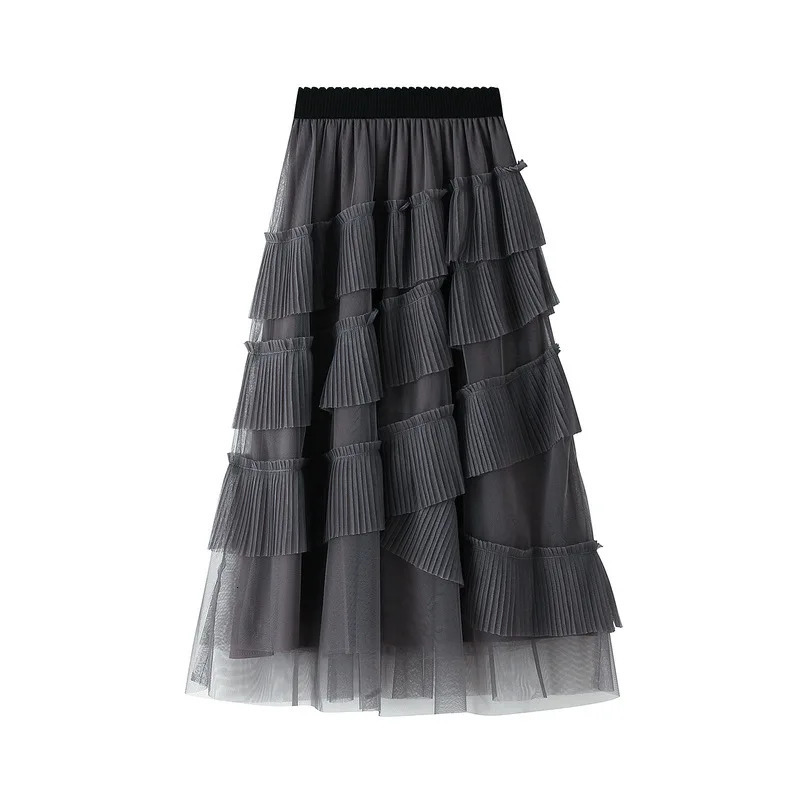 Spring Autumn Sweet Multi Layer Cake Tulle High Elastic Slanting Tiered Aline Female PartyPleated Long Mesh Skirts 250106
