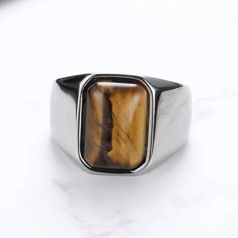 Natural Gemstone Tiger Eye Signet Ring Stainless Steel Waterproof Handmade Jewellery Rings for Men Women Father Boyfriend Gift 250106