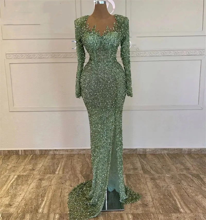 y Sequined Evening Dresses Mermaid Beads Long Sleeve Women Green Formal Prom Graduation Party Gowns for Wedding Customized 250109