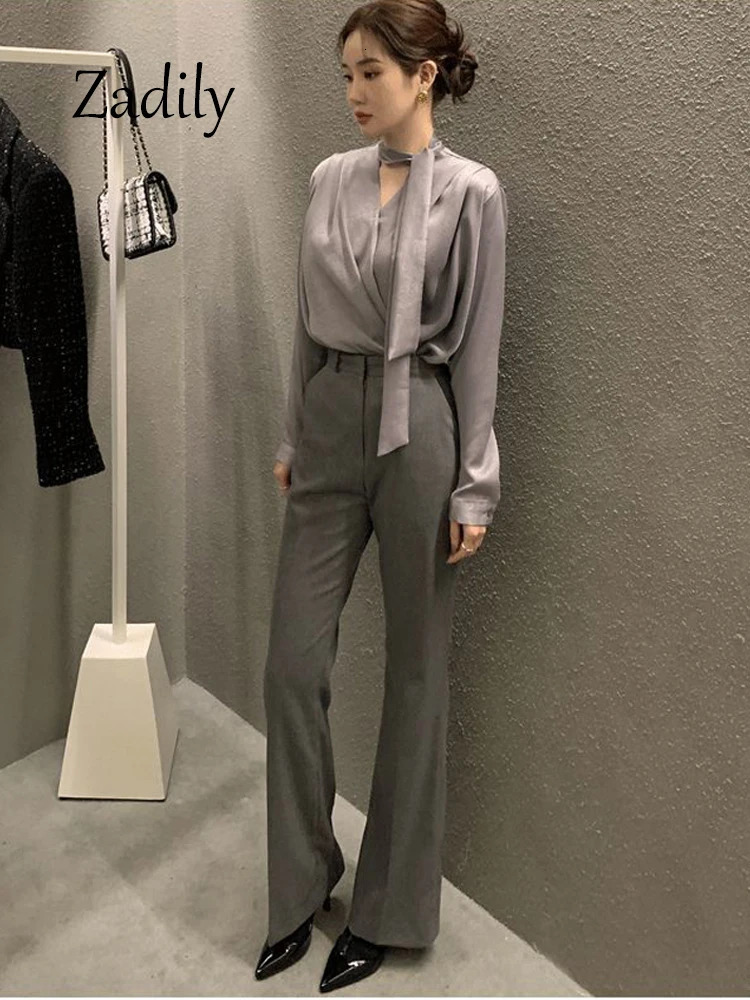 Zadily Spring Office Lady Long Sleeve Women Satin Blouse Korea Style V Neck Bandage Woman Shirt Female Clothing Tops 250109