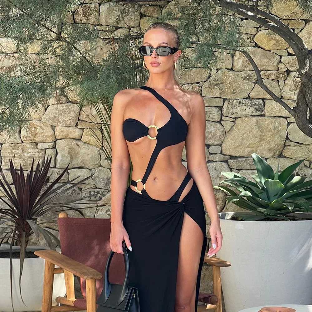 Two-Pieces Women One Shoulder 2024 Push-Up Padded Bra Black Swimsuit Swimwear Bathing Suit Beachwear Monokini FaXJ240108