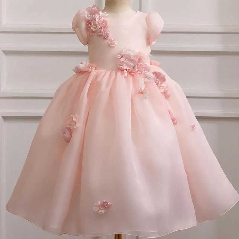 Pink Flower Girl Dresses For Wedding Floral Pearls Tea Length Baby Kids Birthday Ball Gowns Elegant First Communion GownsXJ250108
