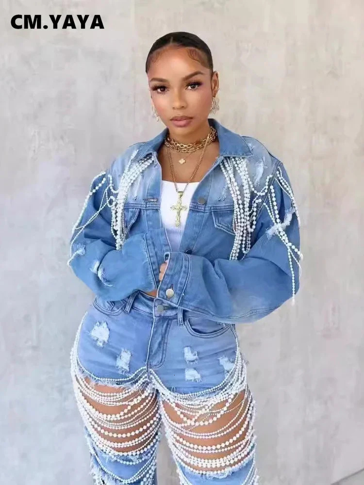 CMYAYA Pearl chain Long Sleeve Women Denim Jackets Turndown Collar Ripped out Coat Single Breasted Street INS Tops 250109