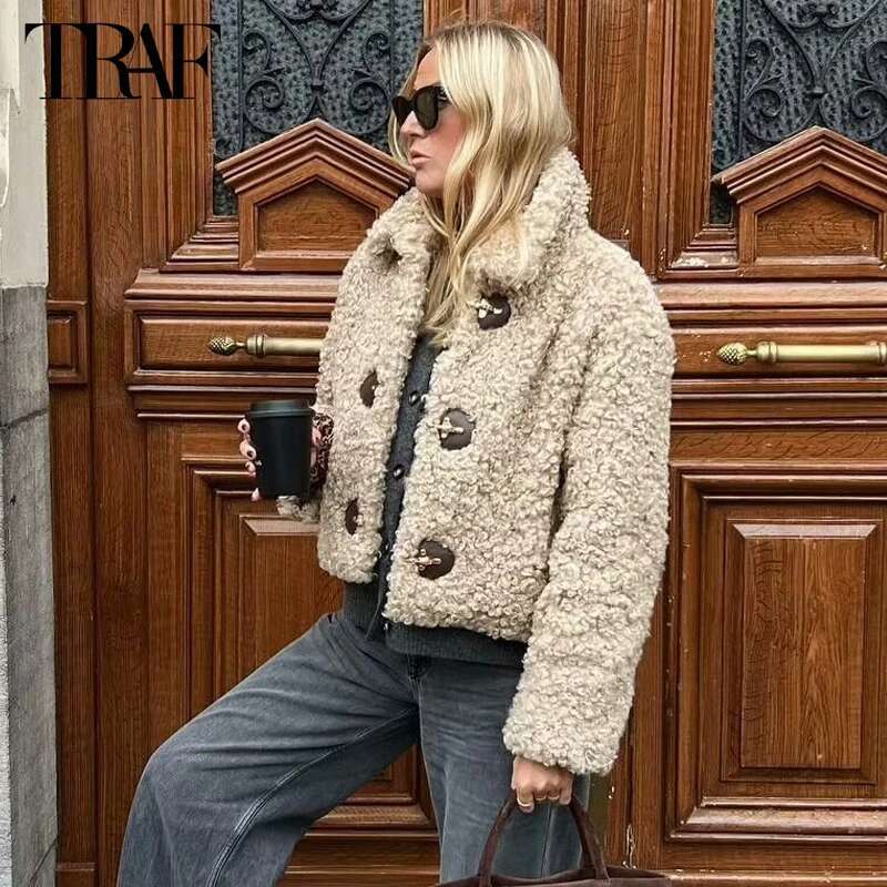 TRAF Cropped Plush Jacket Faux Sheepskin Demi-Season For Women Long Sleeve Jackets Woman 2024 Winter Coat Female