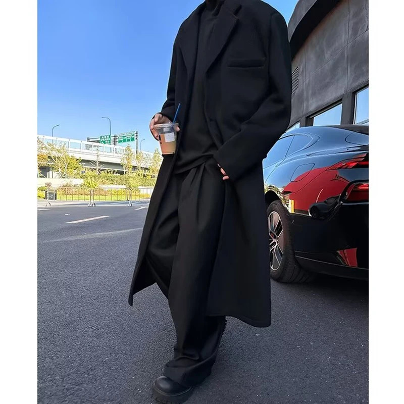 FEWQ Mid Long Woolen Coat Autumn Winter Mens Korean Fashion Loose Casual Versatile Over The Knee Male Trench 24E5306 250106
