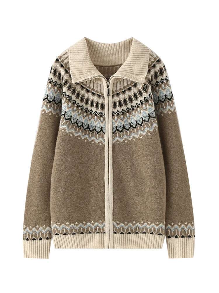 New Chic Women's Polo Zipper Cardigan Faire Isle Sweater Autumn Winter Thick Soft 100% Cashmere Knitwear Tops