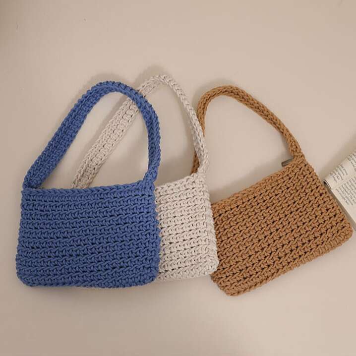 Versatile One Shoulder Cotton Thread New Small Fresh Square Underarm Grass Woven Bag Solid Color Commuter Handbag For Women