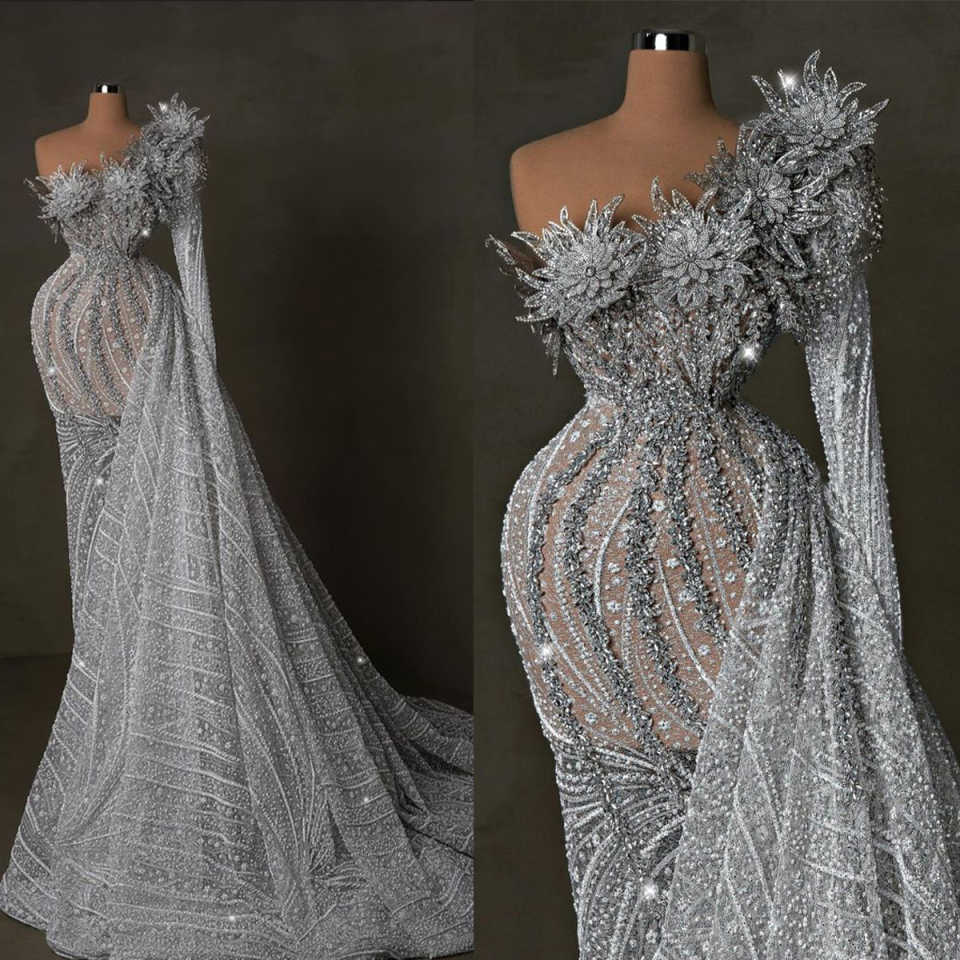 Luxury One Shoulder Mermaid Evening Dresses Glitter Sequined Diamonds Appliques Party Dress Side Train Prom Gowns Customized