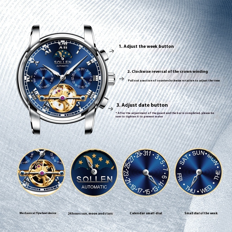 SOLLEN Stylish Automatic Full Steel Mechanical Flywheel Watch with Starry Sky Luminous Dial for Men