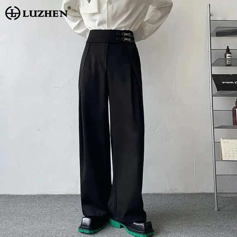 Stylish Suit Pants Men's Loose Casual Elegant Trendy Wide Leg Metal Buckle Design Straight Trousers
