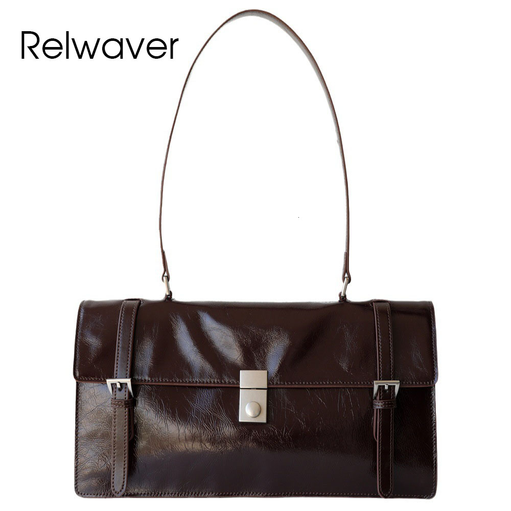 Relwaver Women Shoulder Bag Waxy Genuine Cow Leather Bags 2025 Spring Summer Accordion Side Flap Fashion Big Handbags