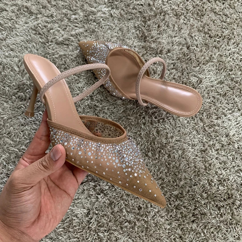Summer Womens Sandals Rhinestone Bright Mesh High Heels Footwear Elegant Slingback Pointed Slip on Party Lady Pumps Shoes 250106