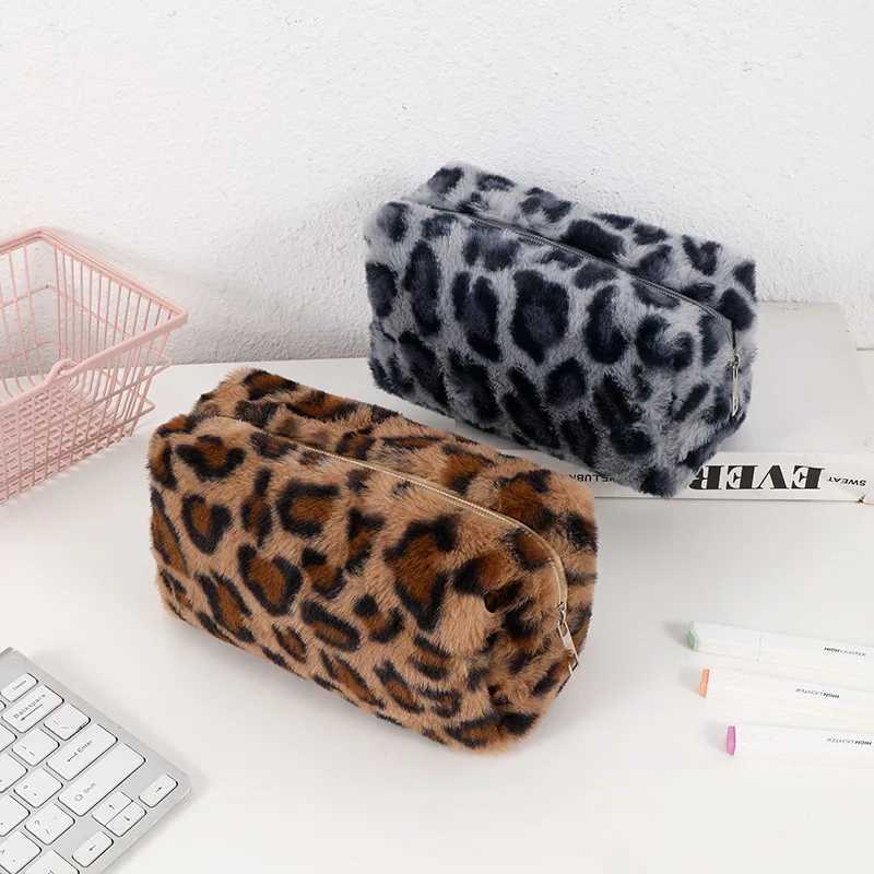 Leopard soft plush travel cosmetics lipstick brush storage bag toilet kit womens makeup handbag organizer bag pencil case W250109