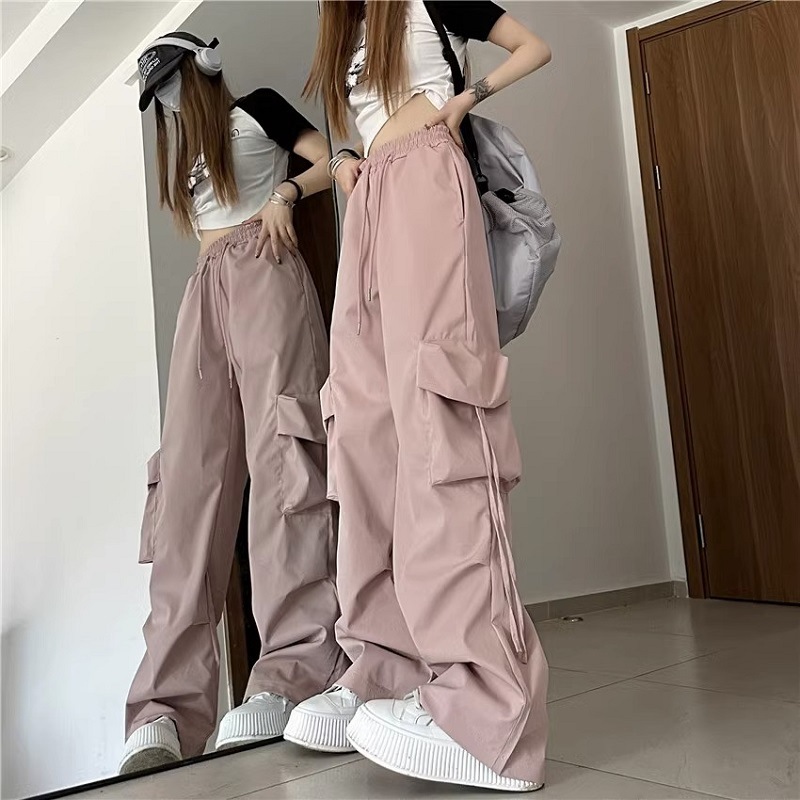 American vintage niche workwear pants for women, featuring 3D pockets, high-waisted, straight-leg, wide-leg, with decorative straps and loose, casual,