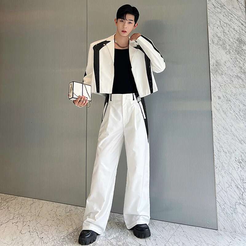 Korean New Sets Niche Male Blazers Pu Leather Spliced Coat Wide Leg Suit Pants Two Piece Men's Wear