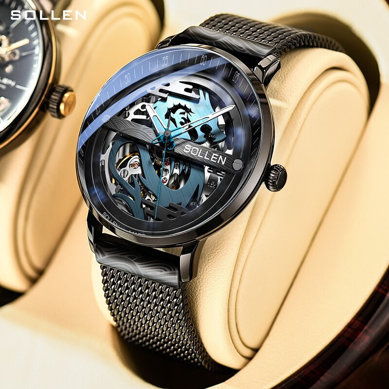 Men's New Style Automatic Mechanical Watch with Dragon Design and Skeleton Dial