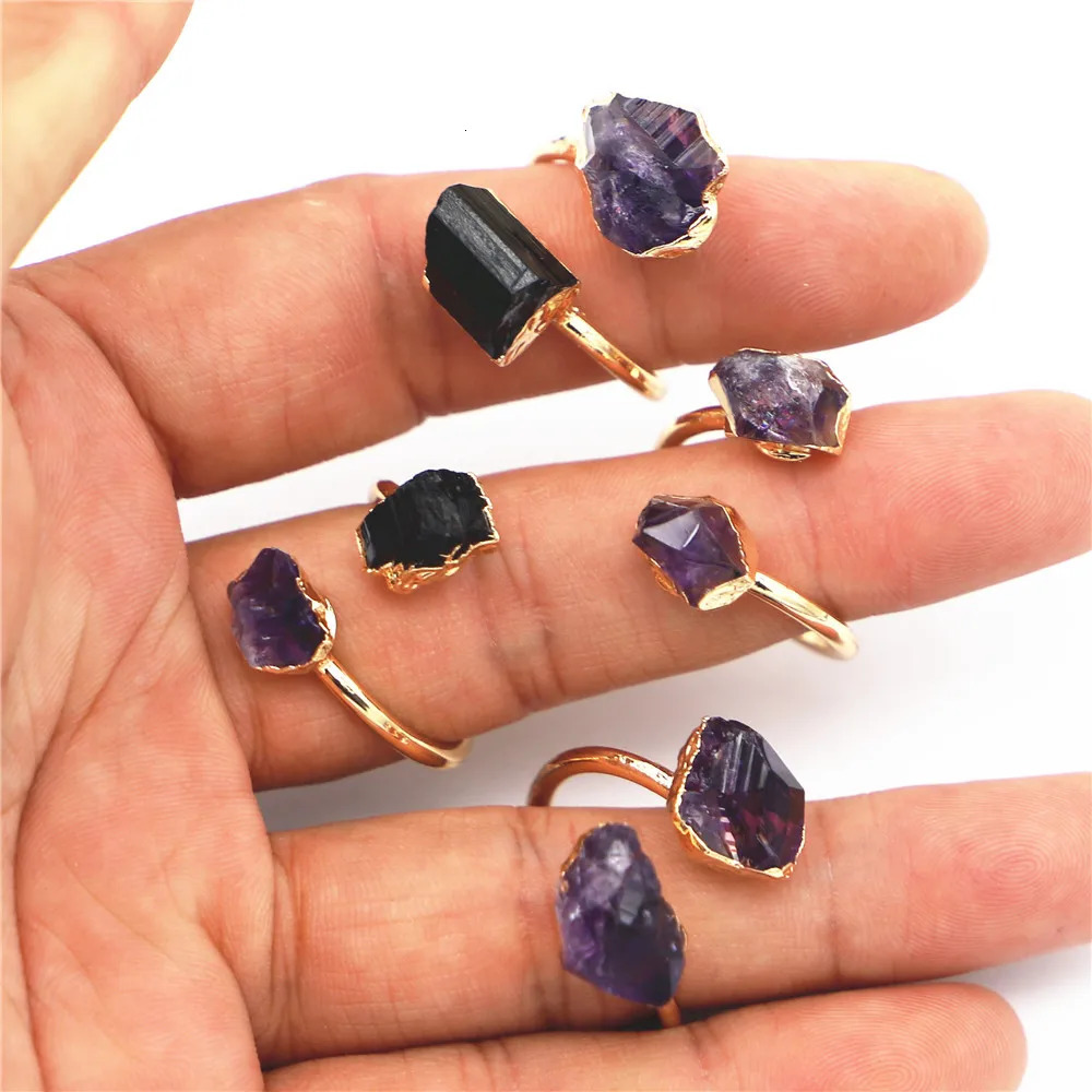 Natural Stone Black Tourmaline Amethyst Ring Slice Handmade Electroplated Goldtone Plated Free Form From Brazil Style 4PCS 250106