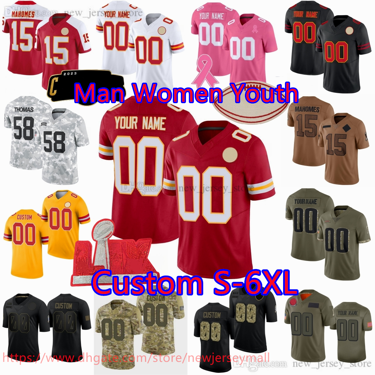 Custom DIY Football 15 Patrick Mahomes Jersey S-6XL 10 Isiah Pacheco 1 Xavier Worthy Chris Jones Travis Kelce Rashee Rice Nick Bolton Harrison Butker Hopkins