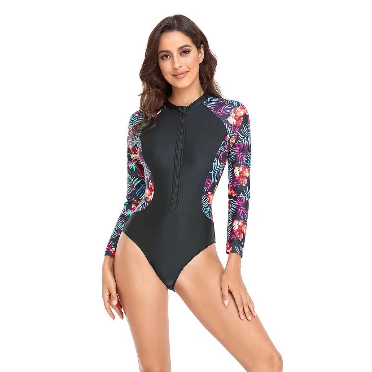 Solid Color One-Piece Swimsuit Long Seve Swimwear Sports Womens Swimming Bathing Suit Beach Bather Surfing Swim WearXJ240108