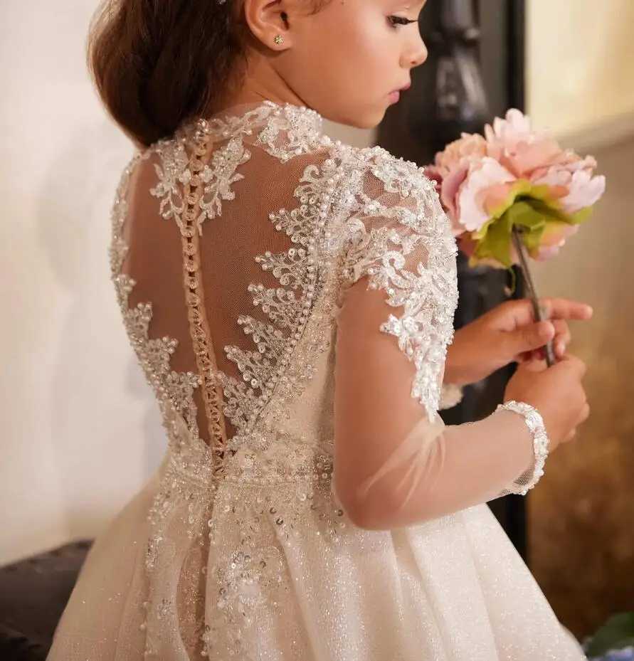 New Shining Flower Girl Dress For Wedding Lace Puffy Sequins Beading Full Sleeve Kids Birthday Par First Communion GownsXJ250108