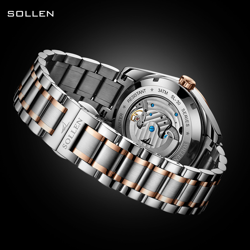 Men's Star Moon Design Automatic Mechanical Watch with Stainless Steel Band
