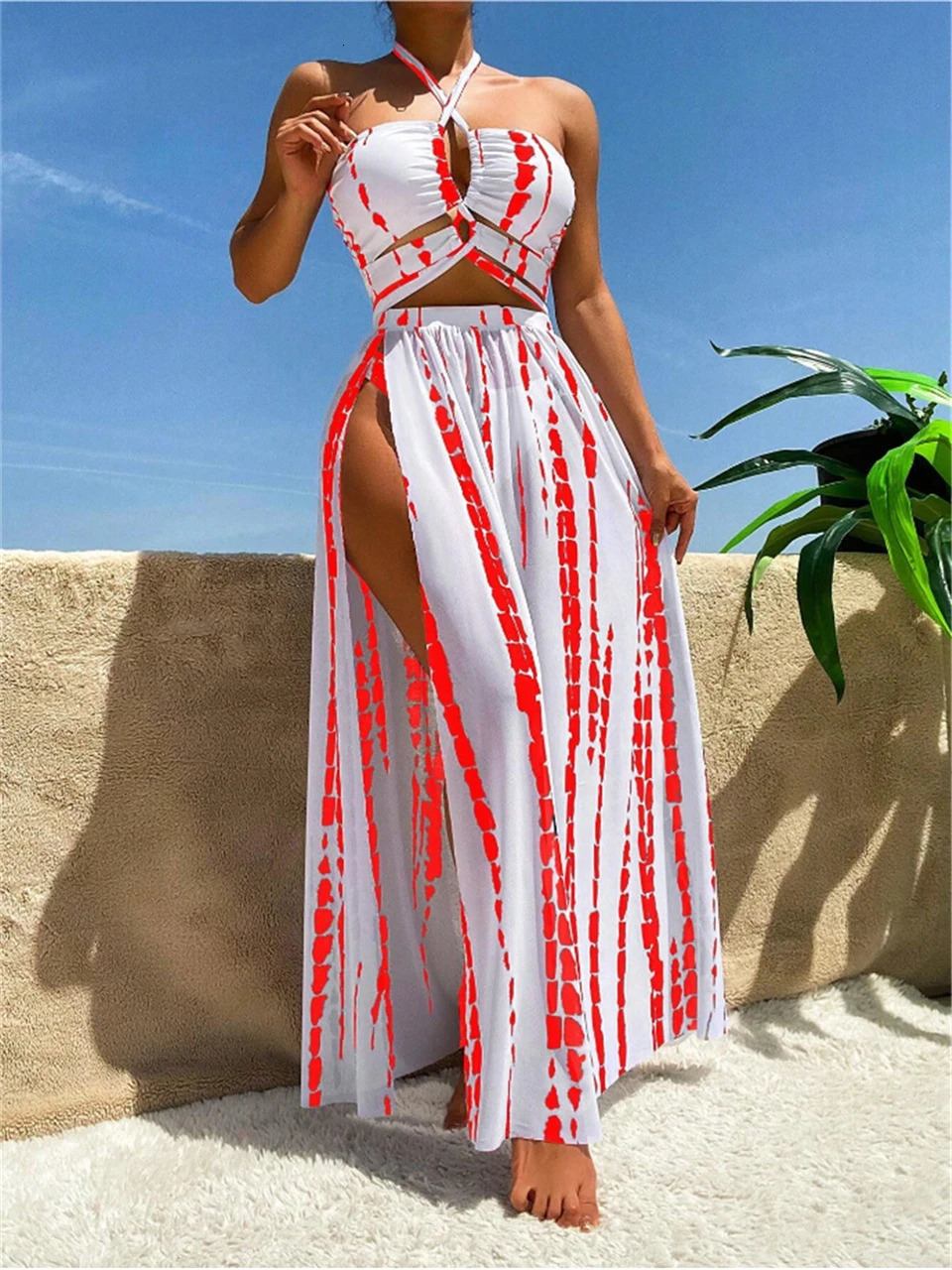 3 Pieces Tie Dye Cross Bikini Women Sexy Halter Swimsuit Cover Up Pants Swimwear Bathers Bathing Swimming Suit Beachwear 250109