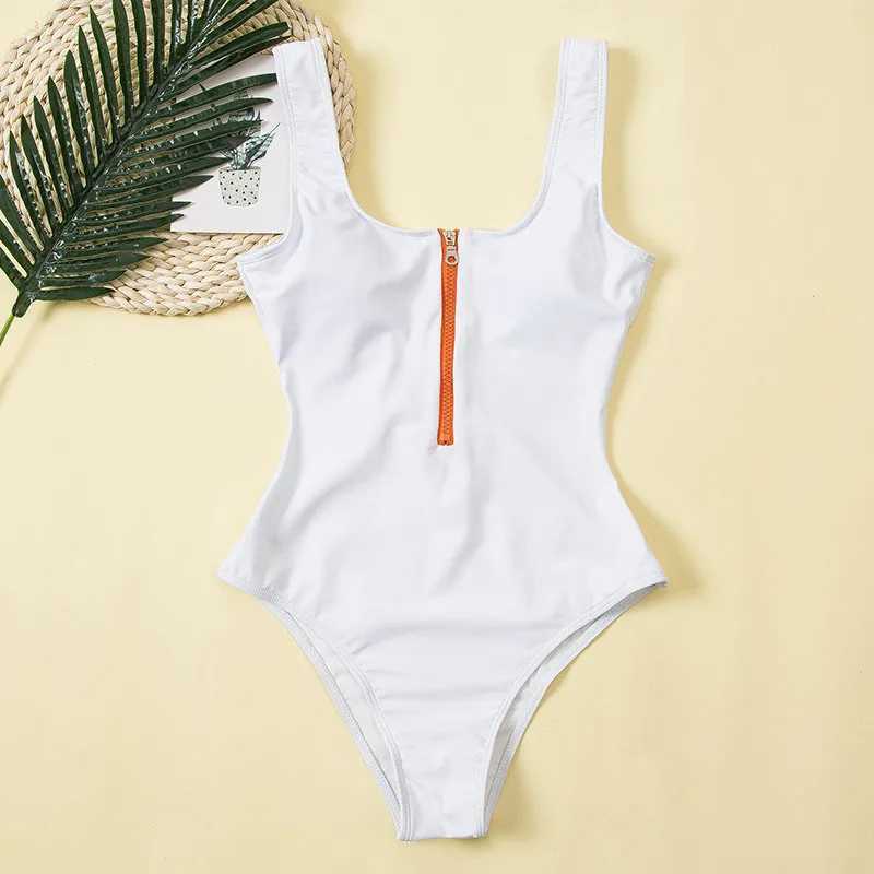 Sexy Bikini One Piece Swimsuits Women Zipper Swimwear Solid Padded Bra Bathing Suit Tropical Surfing Sport Bodysuit FaXJ240108